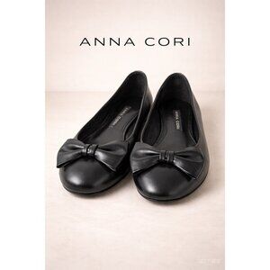 Anna Cori 7556 Black Nappa Leather Ballet Flats Bow Detail  Italian Calfskin 7.5